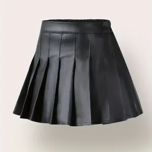 Jupe plissée taille haute en cuir PU solide pour fille