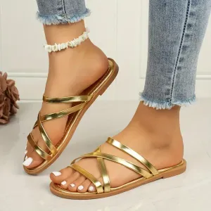 Sandales plates dorées métallisées pour femme