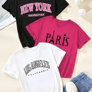 Lot de 3 t-shirts décontractés à col ras du cou pour filles