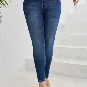 Jean skinny bleu taille haute à clous pour femmes grandes tailles