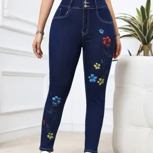 pantalon-en-jean-taille-haute-a-imprime-floral-coupe-skinny-style-eleg