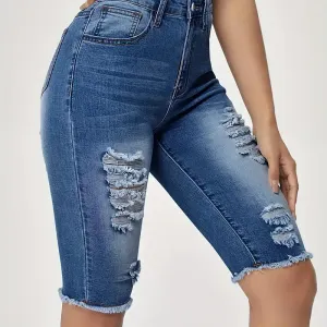 Short en jean déchiré longueur genou pour femme grande taille