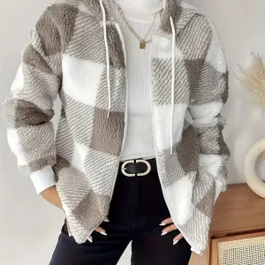 manteau-a-capuche-en-peluche-a-imprime-ecossais-avec-cordon-de-serrage