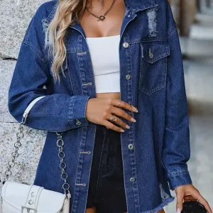 vestes-en-jean-bleu-fonce-a-ourlet-brut-manches-longues-trous-dechires