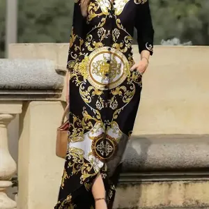 robe-a-col-a-revers-imprime-tribal-poches-obliques-manches-longues-bou