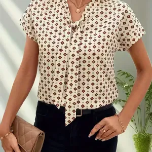 chemisier-a-col-noue-imprime-allover-chemisier-vintage-a-manches-court