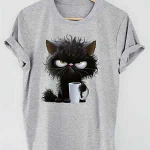t-shirt-imprime-chat-haut-decontracte-a-manches-courtes