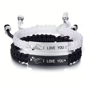 2 bracelets tissés simples en acier inoxydable pour couple comme cadeau de Saint-Valentin pour votre bien-aimé