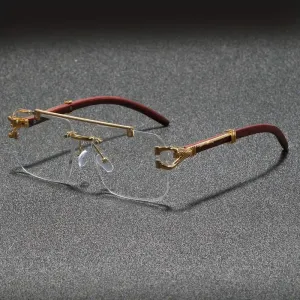 Lunettes carrées sans monture pour homme avec branches en bois à imprimé léopard