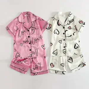Ensemble de 2 pièces en soie glacée pour fille, joli imprimé cœur