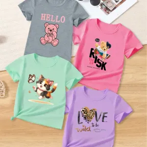 Lot de 4 t-shirts d'été à imprimé dessin animé pour fille