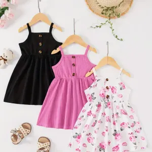 3 pièces bébé bouton décor couleur unie côtelé robe d'été