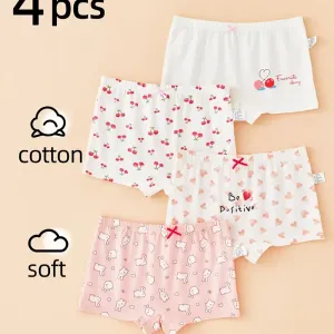 Lot de 4 slips en coton imprimés cerises, cœurs et lapins pour fille