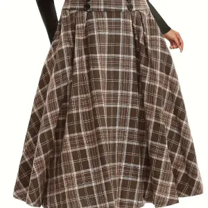 jupe-boutonnee-taille-haute-a-imprime-ecossais-jupe-mi-longue-evasee-e