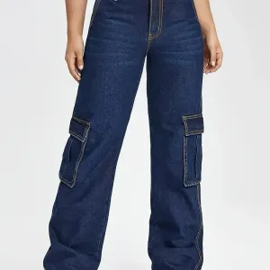 Pantalon cargo en denim bleu foncé délavé, taille plus
