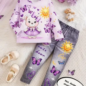 Ensemble 2 pièces adorable imprimé ours et cœur papillon pour filles
