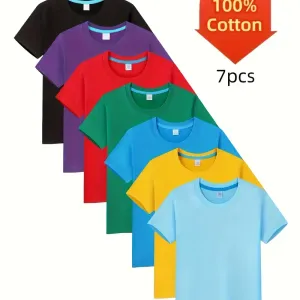 lot-de-7-t-shirts-100-coton-pour-enfants-t-shirts-unisexes-a-col-ras-d