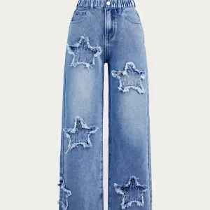 Jean droit brodé à patch cœur tendance pour filles
