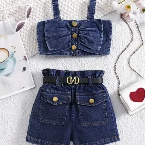 Ensemble en jean tendance pour filles avec haut à bretelles