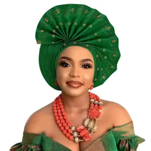 Bandeau luxueux en gele africain avec strass brodés à la main