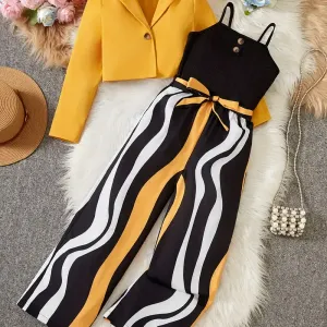 Ensemble 3 pièces pour filles, haut élégant de couleur unie avec col