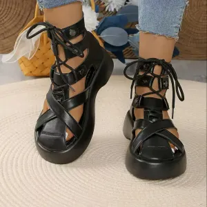 Sandales romaines élégantes à lacets et semelle épaisse pour femme