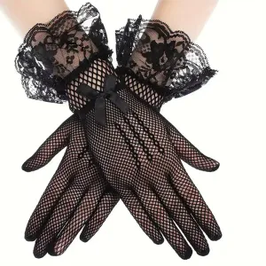 Une paire de gants en résille avec nœud en dentelle sexy pour robe de mariée