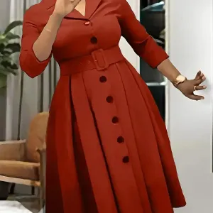 robe-trapeze-a-manches-trois-quarts-et-a-boutonnage-simple-col-a-rever