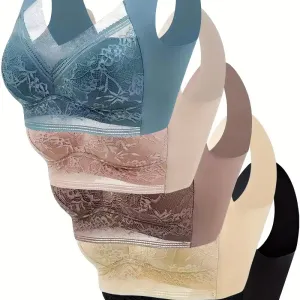 Lot de 5 soutiens-gorge élégants en dentelle florale sans fil