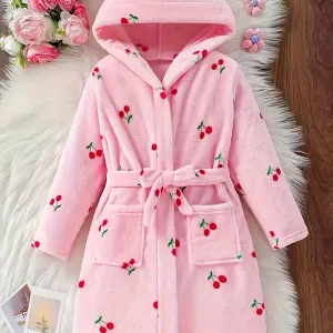 Peignoir à capuche en flanelle épaisse à motif de cerises pour fille