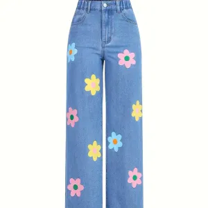 Jean à motif floral coloré avec ceinture élastique pour fille