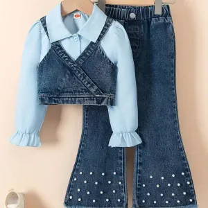 Ensemble 3 pièces pour fille, haut élégant de couleur unie
