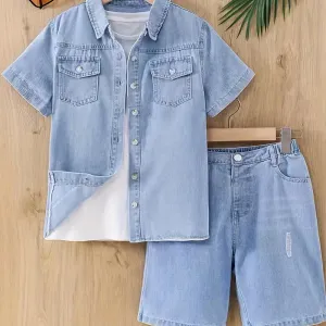 ensemble-2-pieces-en-jean-decontracte-pour-garcon-chemise-a-manches-co