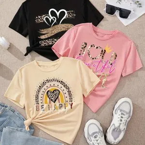 T-shirts à imprimé graphique BE HAPPY &amp; Heart/Crown/Golden Paint