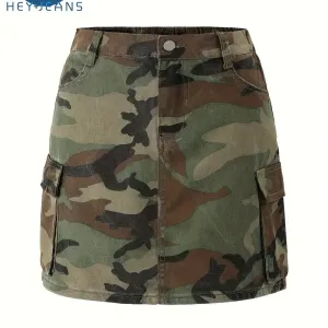 Jupe en jean de coton à motif camouflage décontracté
