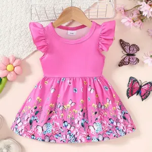 Robe pour bébé fille, robe à manches volantes avec imprimé fleur et papillon