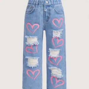 Jean déchiré tendance avec motif de graffitis en forme de cœur