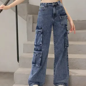 Jean cargo taille haute à poches multiples pour filles