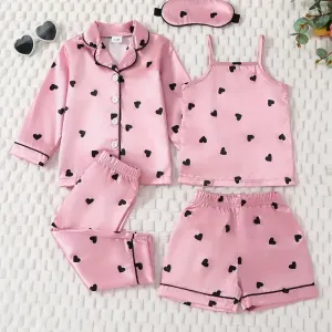 Ensemble de pyjama 5 pièces pour filles avec motif de cœurs d'amour