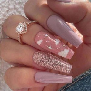 Améliorez votre look avec un ensemble de faux ongles longs à paillettes en forme de cercueil pour femmes, 24 pièces