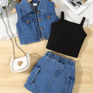 Ensemble trois pièces veste en jean délavé pour jeune fille