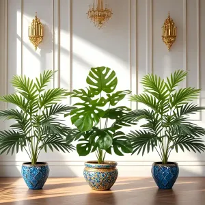 Lot de 3 palmiers artificiels élégants en plastique résistant aux UV dans des pots beiges