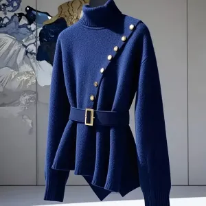 pullelegantacolmontantpourfemmeavecboutonsdecoratifsetceinturealataill