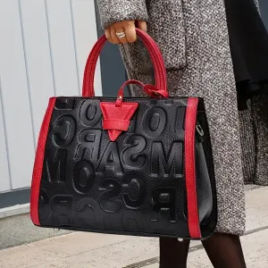Sac fourre-tout en cuir véritable pour femme avec motif lettre en relief