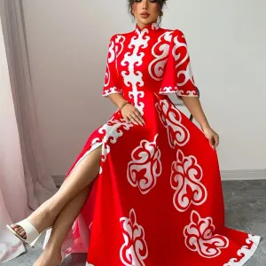 robeeleganteacolmandarinrougeaimprimefloraletmanchesflottantes