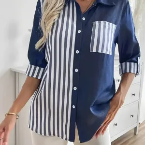 chemiseamancheslonguesarayuresverticalesbleufonceetblancpourfemme