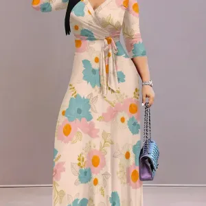 robefemmeaimprimefloralcolenvceintureanouer