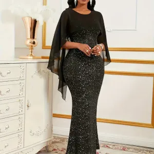 robelongueelegantenoireasequinsetmaillepourfemme