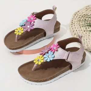 Sandales d'été à entredoigts pour fille, motif floral coloré