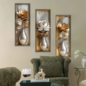 lotde3elegantspanneauxmurauxflorauxautocollantseffetmetalde18cm50cm